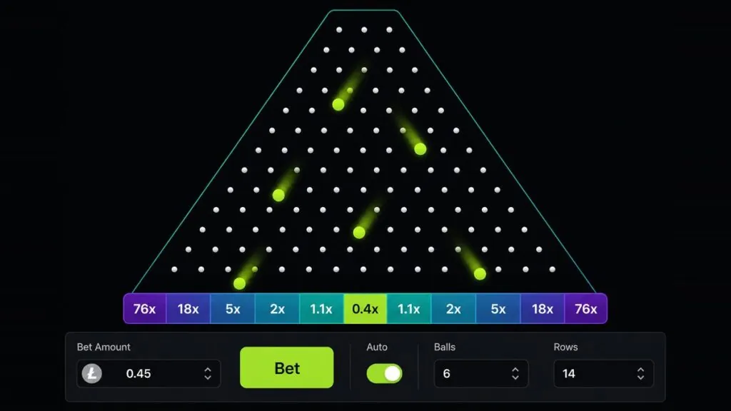 Active gameplay board with falling spheres in Plinko Crypto Game for Chilean players
